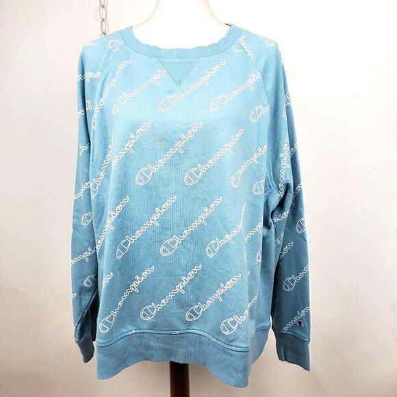 Champion Crew Neck Sweatshirt Light Blue All Over Logo Print Womens 2X - Picture 1 of 6